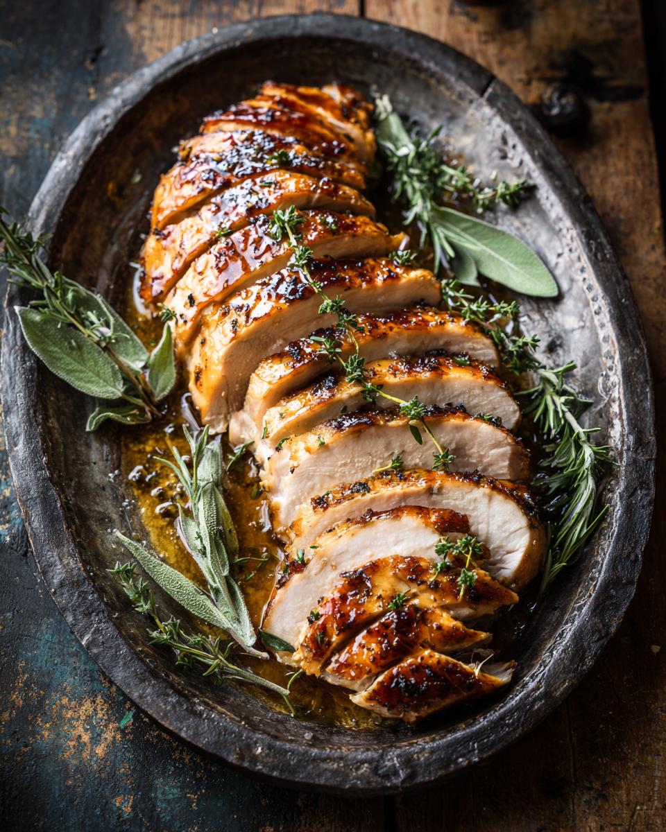 Juiciest Slow Cooker Turkey Breast, sliced and arranged on a platter with fresh herbs.