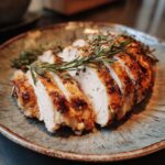 Sliced Juiciest Slow Cooker Turkey Breast garnished with rosemary on a plate.