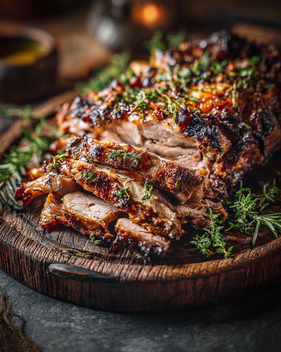 Sliced Juiciest Slow Cooker Turkey Breast on a wooden board, garnished with herbs.