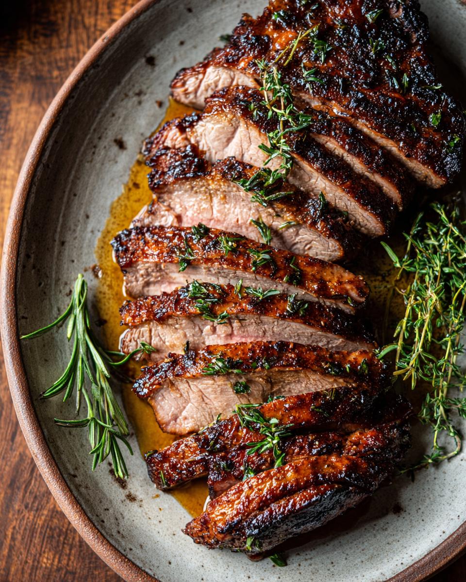 Slices of Juiciest Slow Cooker Turkey Breast, garnished with fresh herbs, on a serving platter.
