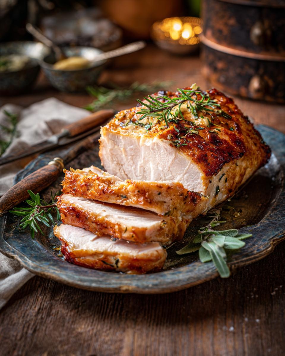 Sliced Juiciest Slow Cooker Turkey Breast on a plate, garnished with rosemary and sage.