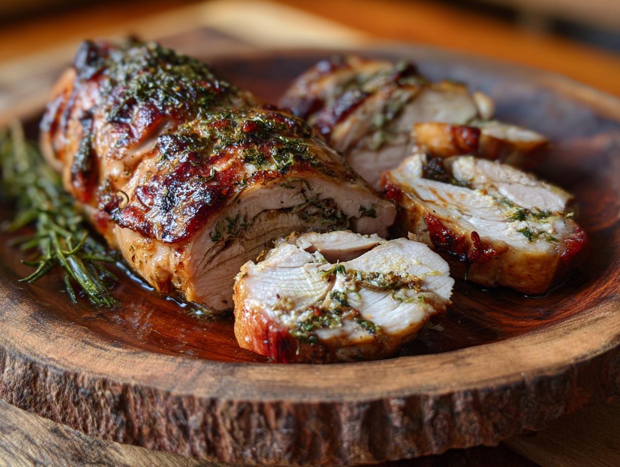 Sliced Juiciest Slow Cooker Turkey Breast on a wooden platter, garnished with herbs.