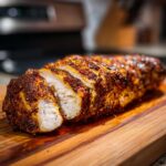 Sliced Ultimate Juicy Air Fryer Chicken Breast on a wooden cutting board, showing the moist interior.