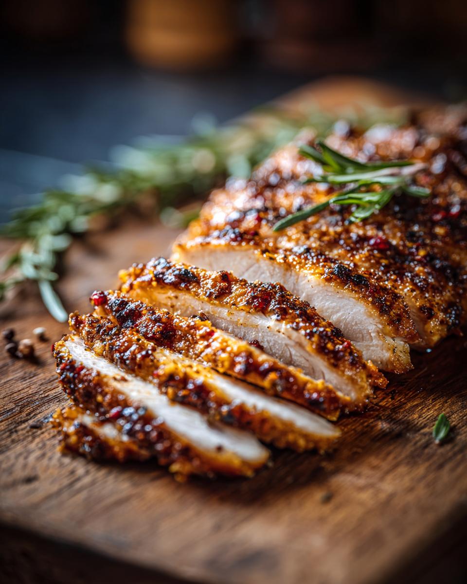 Sliced Ultimate Juicy Air Fryer Chicken Breast on a wooden board, garnished with rosemary.