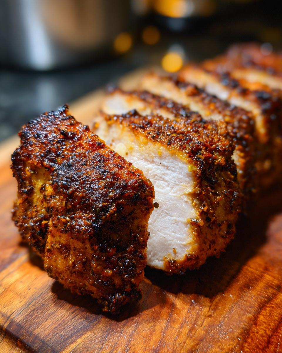 Sliced Ultimate Juicy Air Fryer Chicken Breast on a wooden board, showing the juicy interior and seasoned crust.