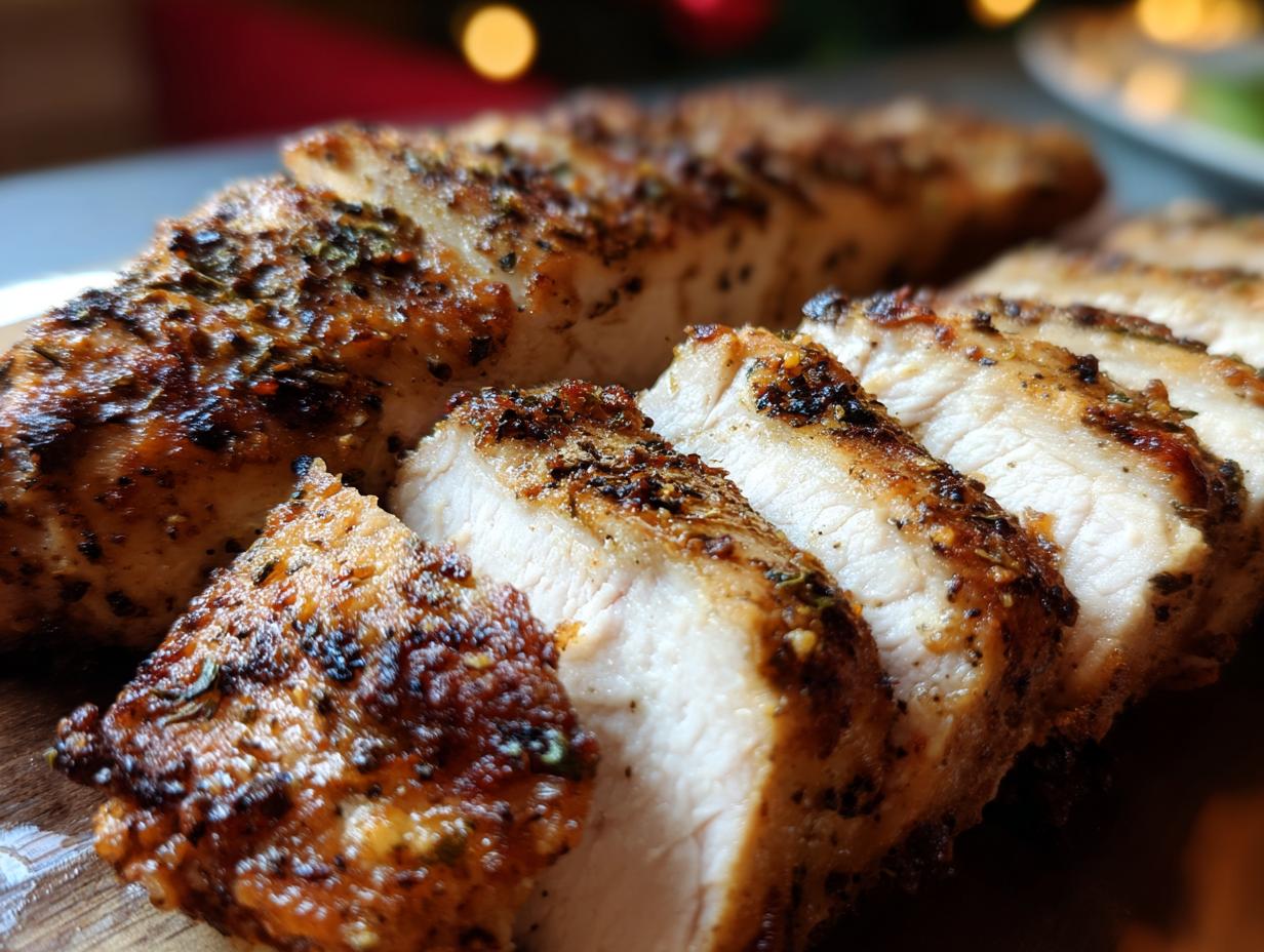 Close-up of sliced Ultimate Juicy Air Fryer Chicken Breast with herbs and spices, cooked to perfection.