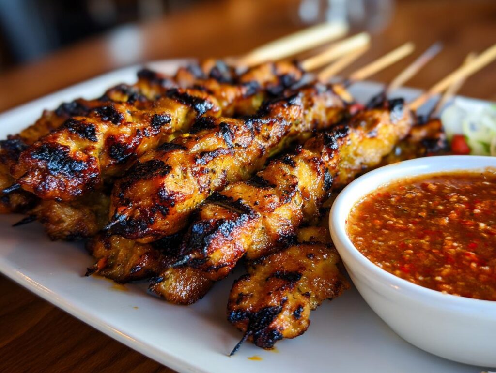 A plate of grilled Juicy Secret! Best Chicken Satay Skewers served with a side of peanut sauce.