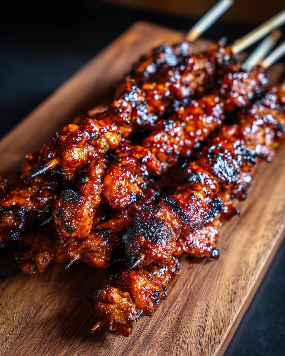 Close-up of Juicy 4-Ingredient Honey Garlic Chicken Skewers on a wooden board, showing the glaze and char.