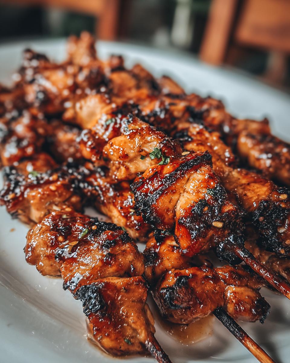 Close-up of Juicy 4-Ingredient Honey Garlic Chicken Skewers on a white plate, showing the glaze and grill marks.