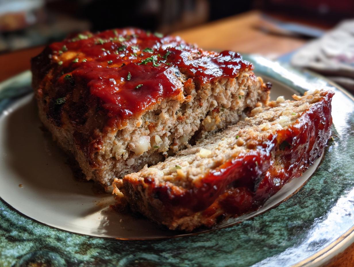 A slice of Juicy Stove Top Stuffing Meatloaf with a glazed topping, served on a plate.