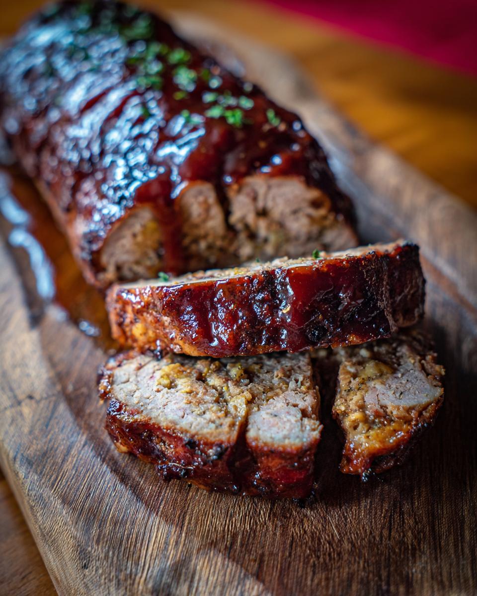 Sliced Juicy Stove Top Stuffing Meatloaf on a wooden board, glazed and garnished with herbs.