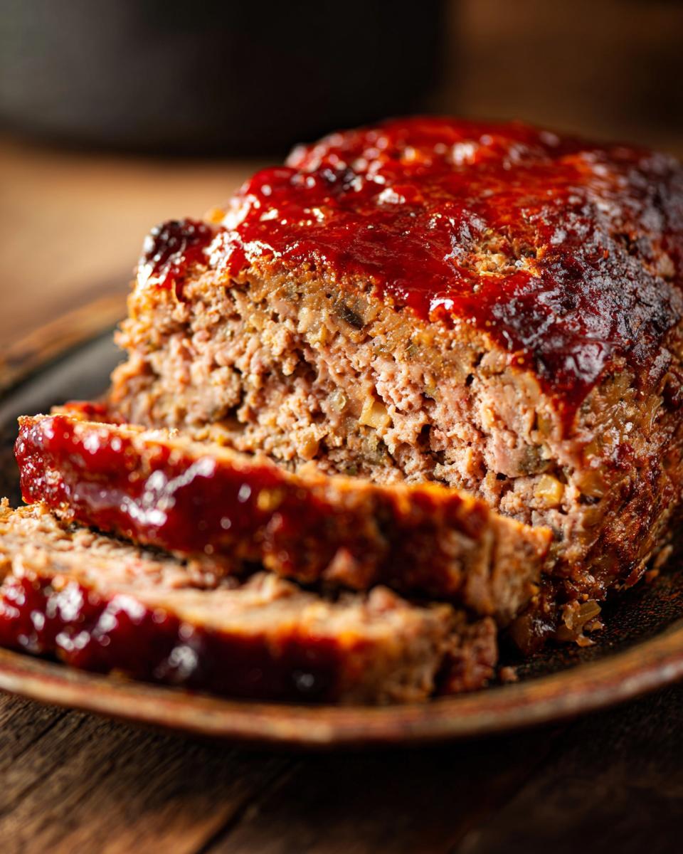 Slices of Juicy Stove Top Stuffing Meatloaf with a glazed topping on a rustic plate.