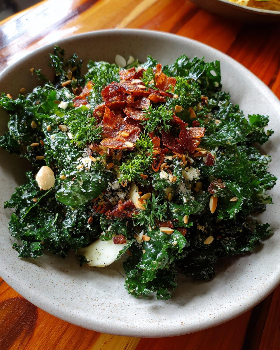 A vibrant Kale Crunch Salad with crispy bacon, almonds, and parmesan cheese on a plate.