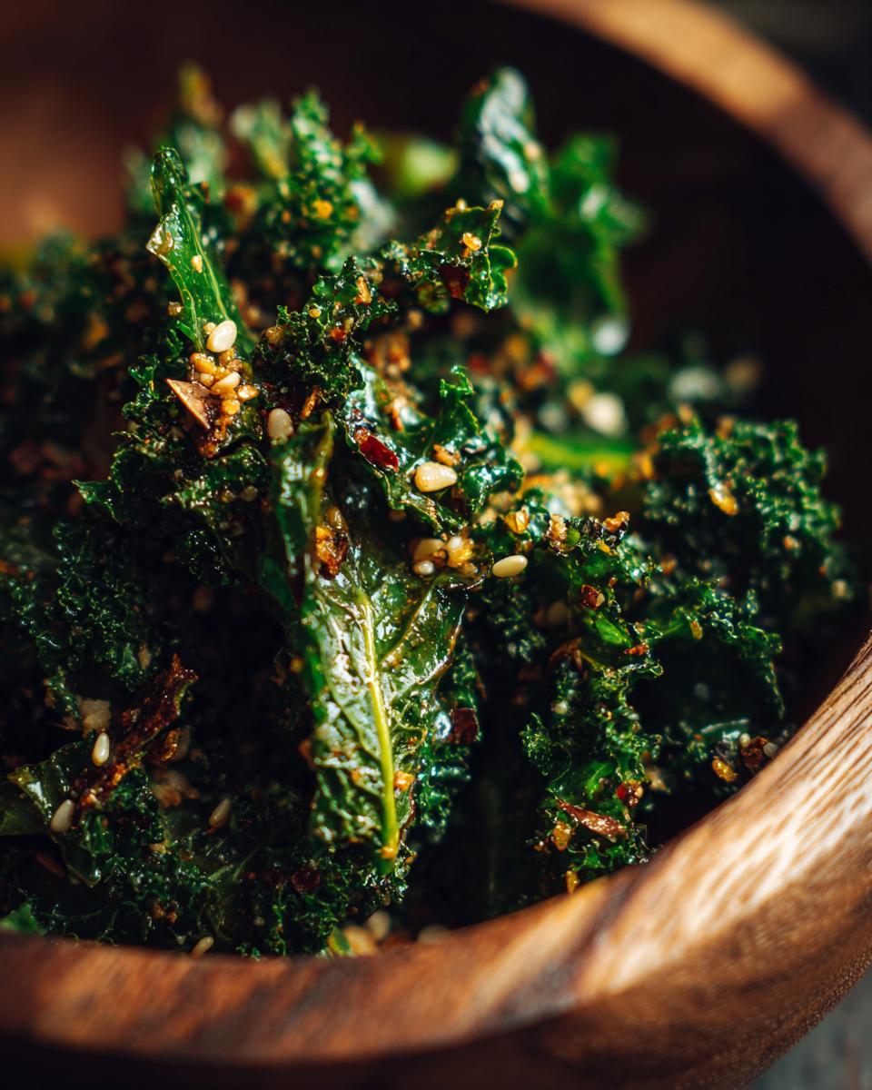 Close-up of a vibrant Kale Crunch Salad in a wooden bowl, showcasing the texture and seasonings.