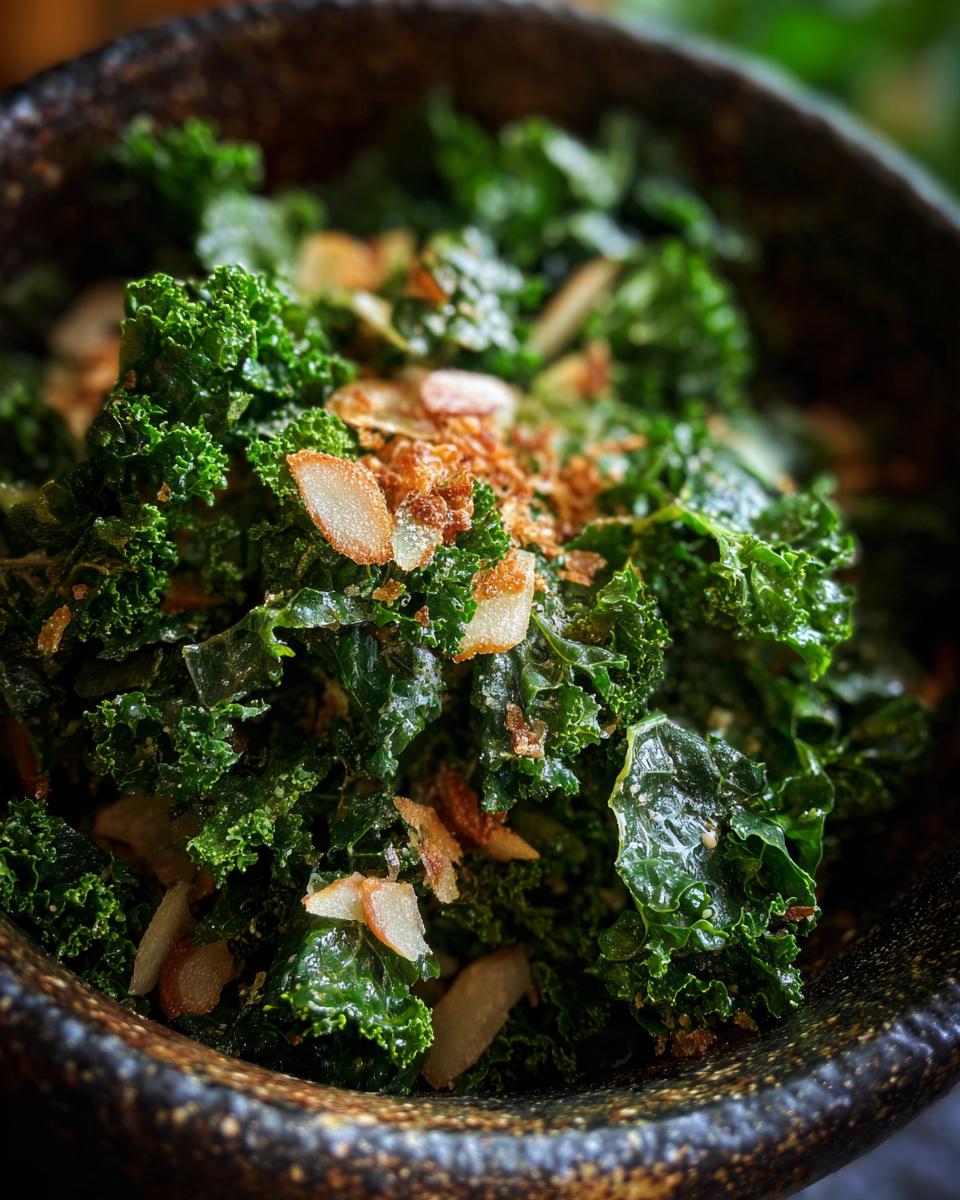 Close-up of a vibrant Kale Crunch Salad in a dark bowl, topped with sliced almonds and crispy fried onions.