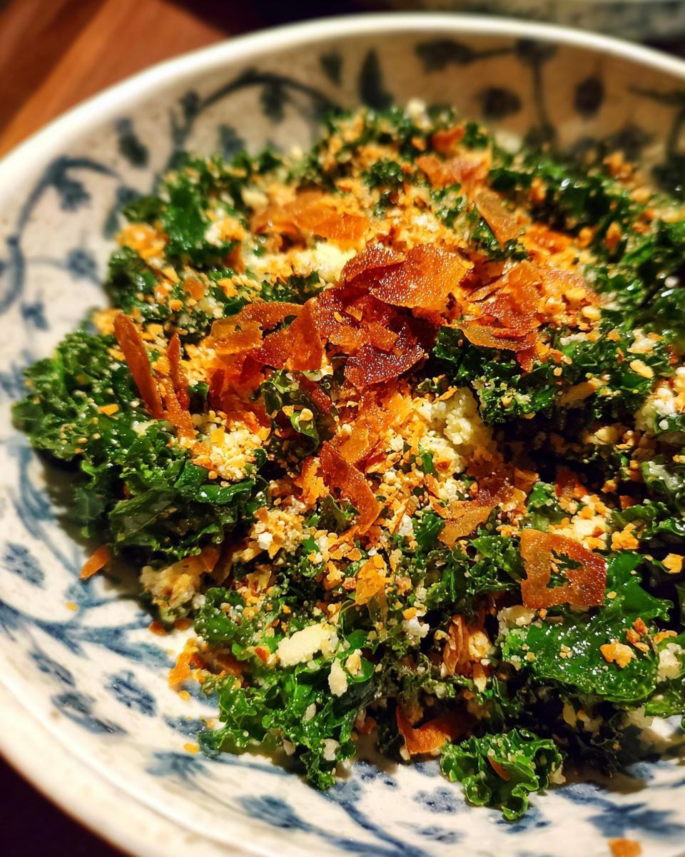 Close-up of a vibrant Kale Crunch Salad in a patterned bowl, topped with crispy bits and crunchy toppings.