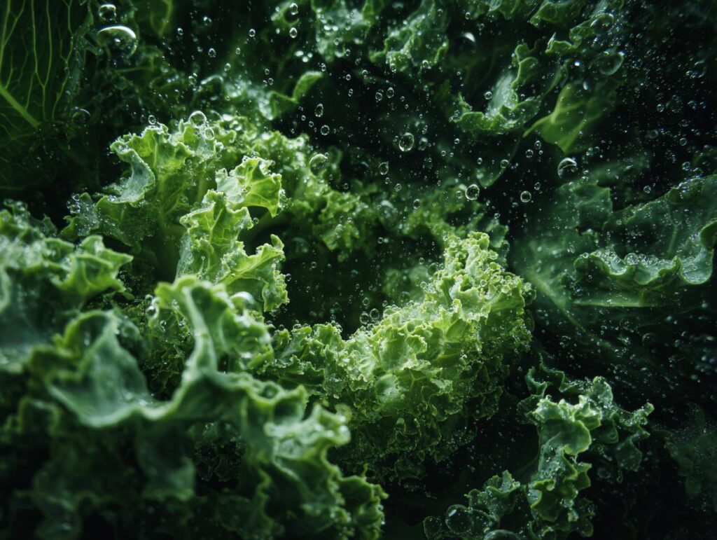 Close-up of fresh green kale with water droplets, ready for a Kale Crunch Salad.