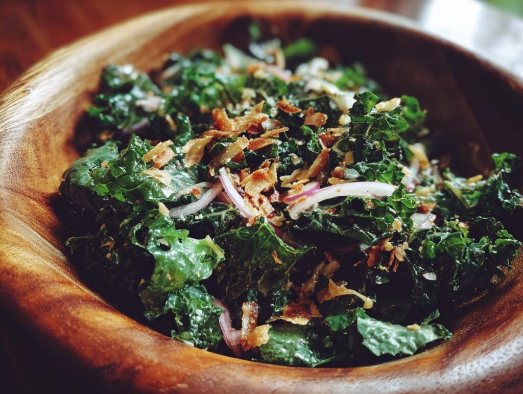A vibrant Kale Crunch Salad in a wooden bowl, featuring kale, red onions, and crispy toppings.