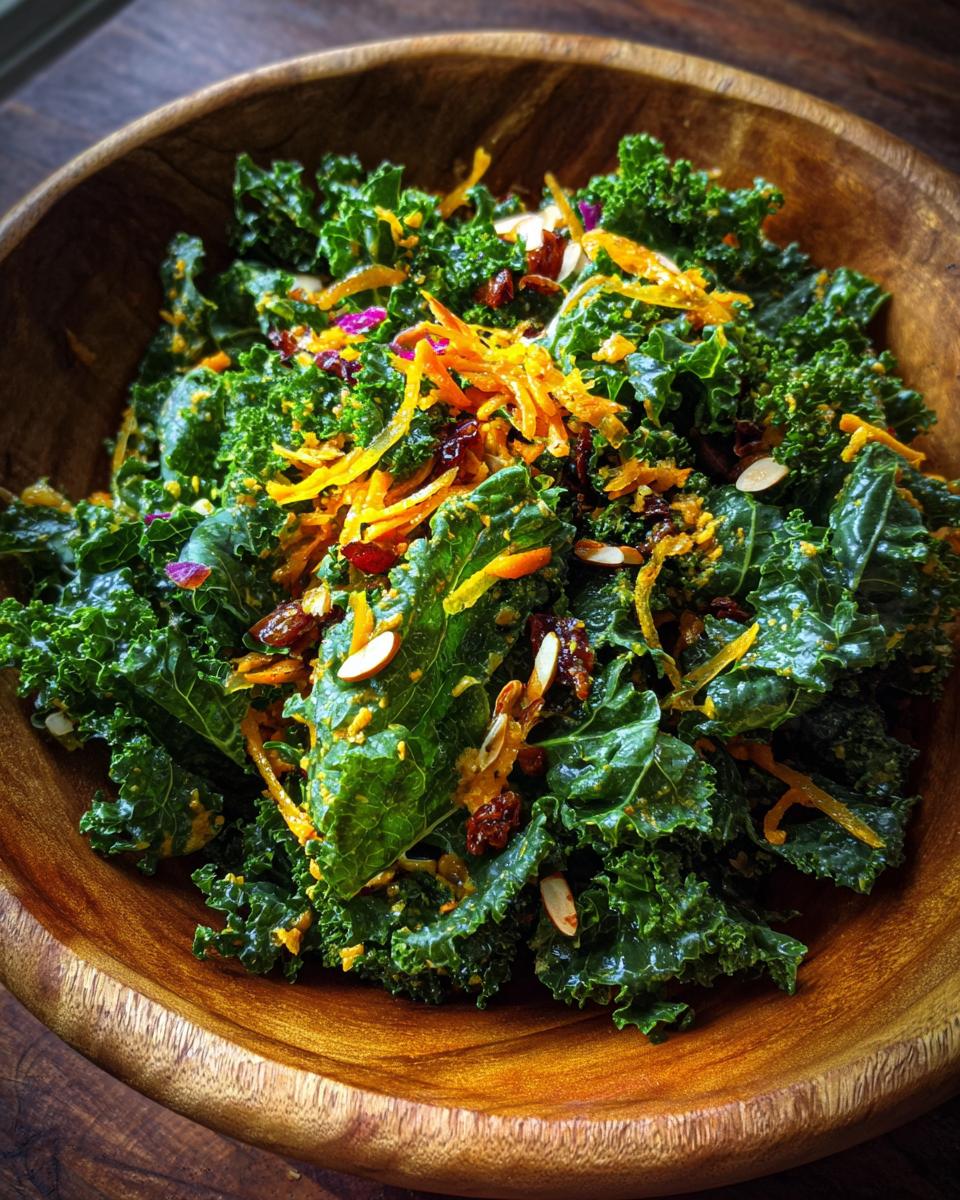 A vibrant Kale Crunch Salad in a wooden bowl, featuring kale, shredded carrots, cranberries, and almond slivers.
