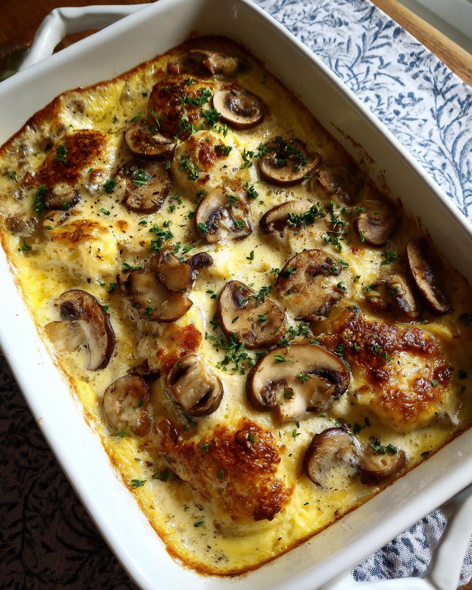 Overhead view of a KETO Garlic Mushroom Chicken Casserole Baked in a white baking dish, garnished with parsley.