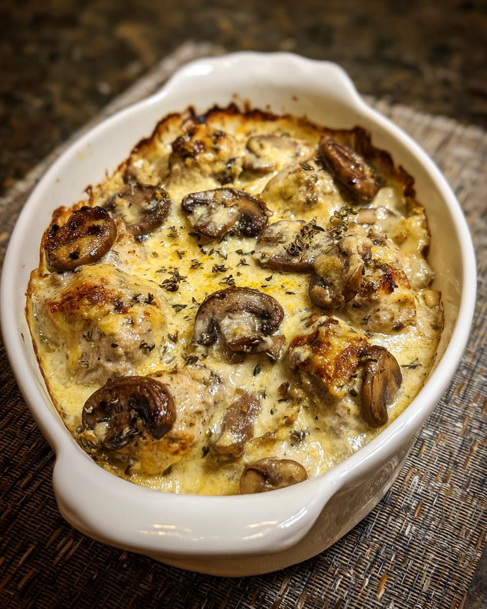 Baked KETO Garlic Mushroom Chicken Casserole in a white dish, topped with mushrooms and herbs.
