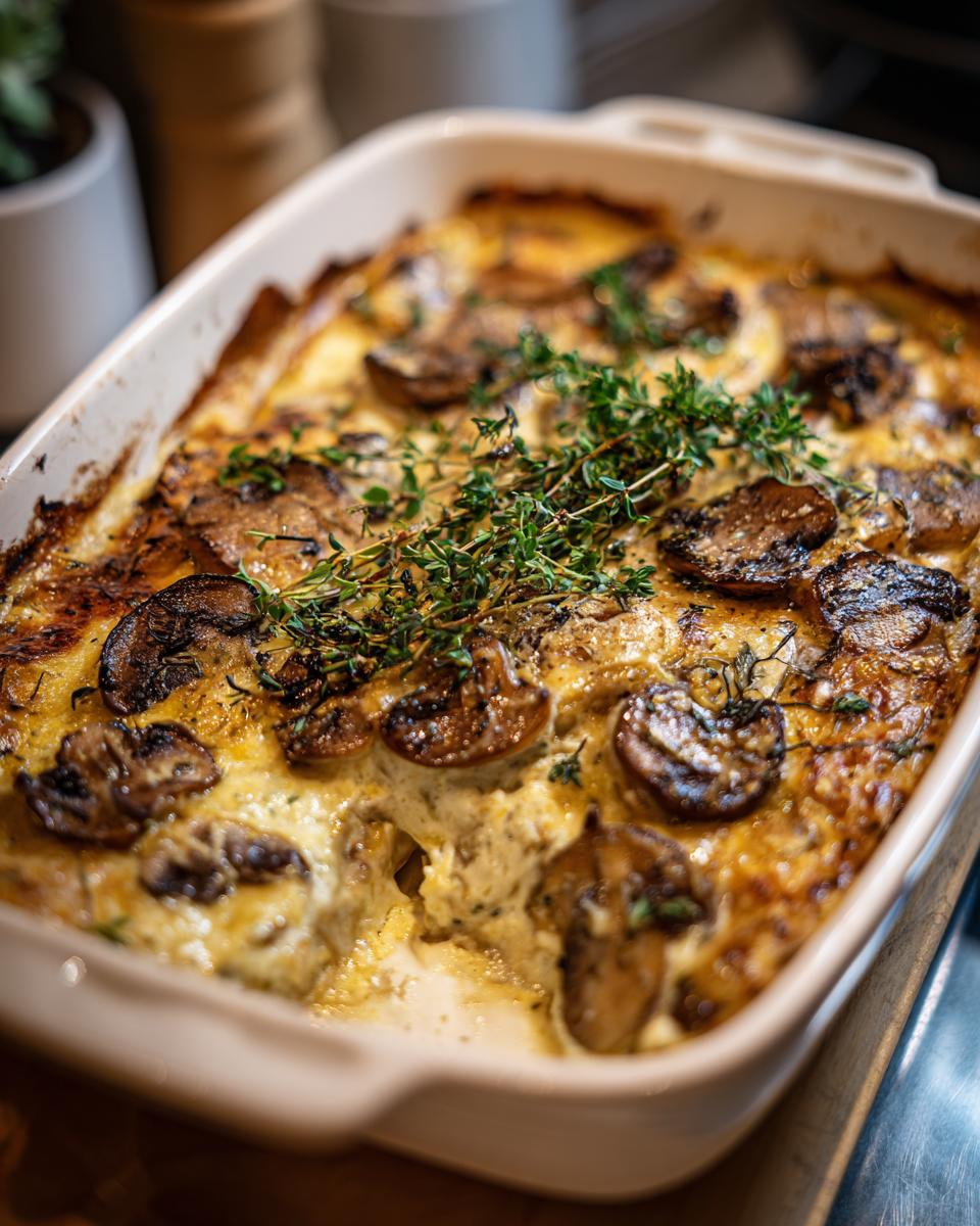 Close-up of baked KETO Garlic Mushroom Chicken Casserole with thyme garnish.