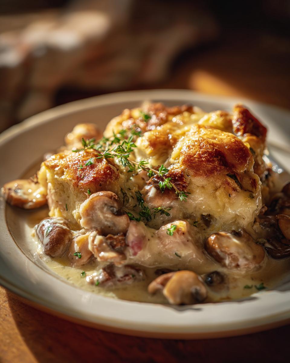 A serving of KETO Garlic Mushroom Chicken Casserole Baked, garnished with fresh thyme on a white plate.