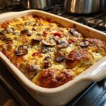 Baked KETO Garlic Mushroom Chicken Casserole in a dish, topped with mushrooms and herbs.