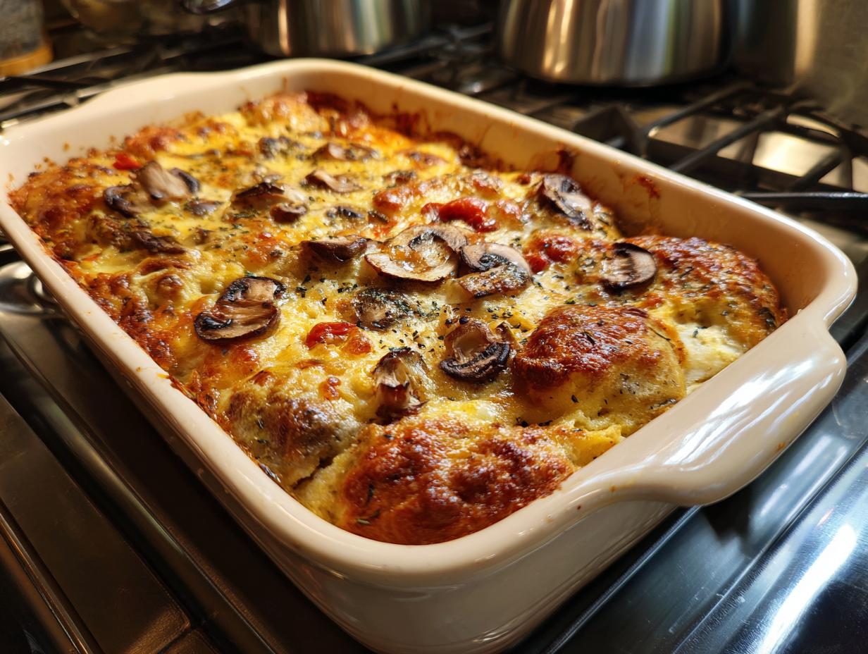 Baked KETO Garlic Mushroom Chicken Casserole in a dish, topped with mushrooms and herbs.