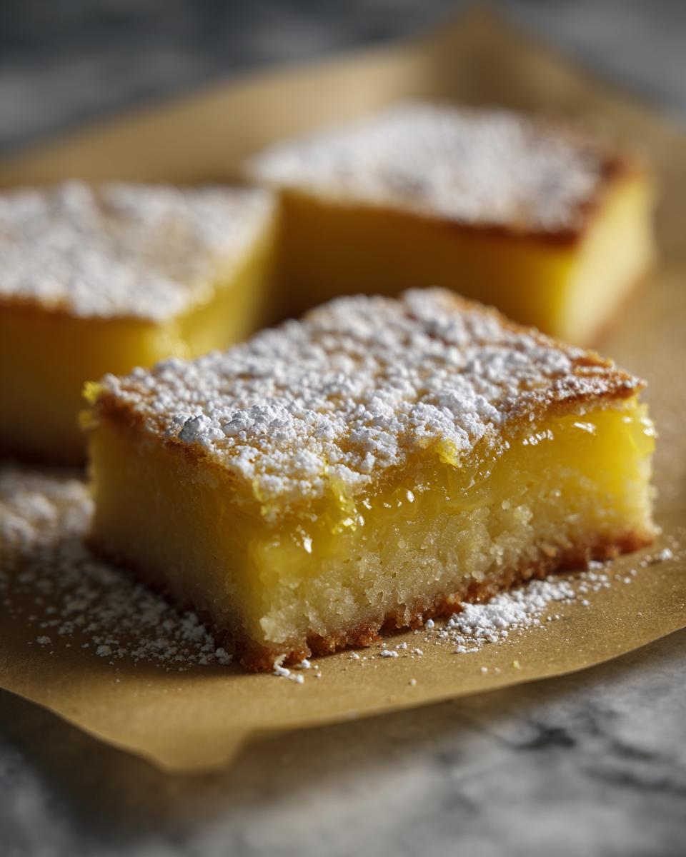 Three lemon bars dusted with powdered sugar on parchment paper. Close-up of the front lemon bars.