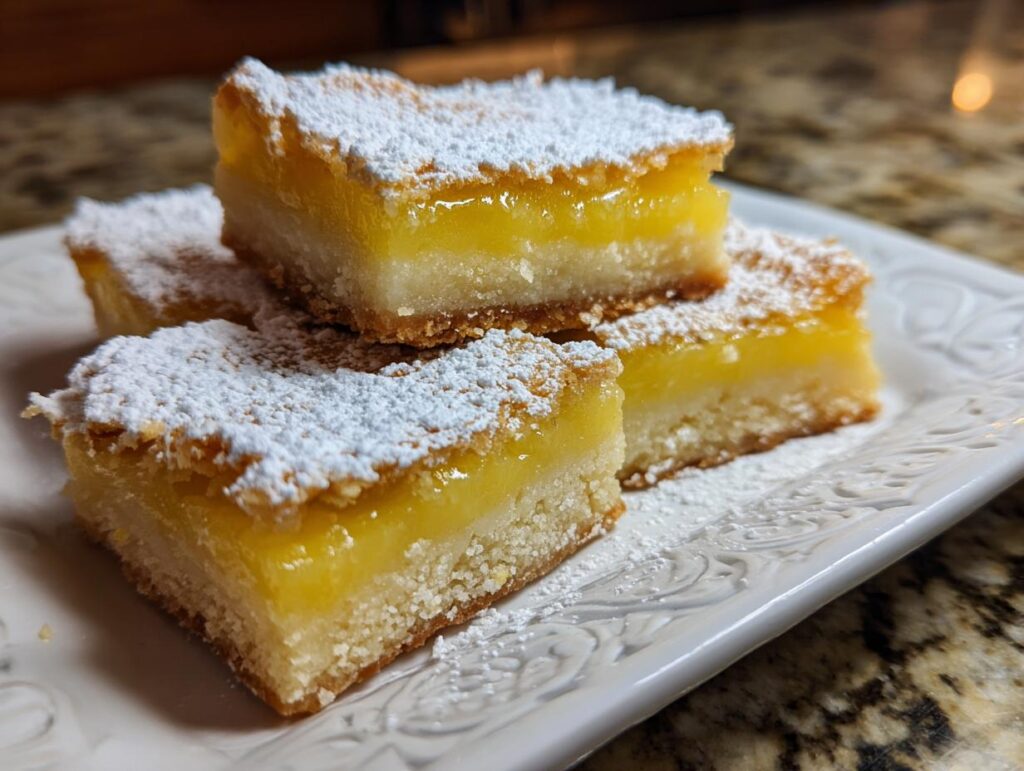 A stack of homemade Lemon Bars dusted with powdered sugar on a white plate.