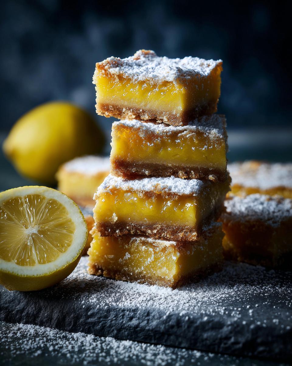 A stack of lemon bars dusted with powdered sugar, next to a lemon half. The lemon bars have a bright yellow filling.