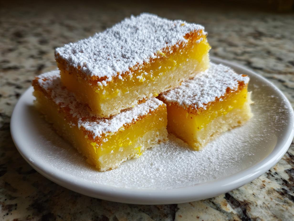 Three lemon bars stacked on a white plate, dusted with powdered sugar. Delicious lemon bars recipe.
