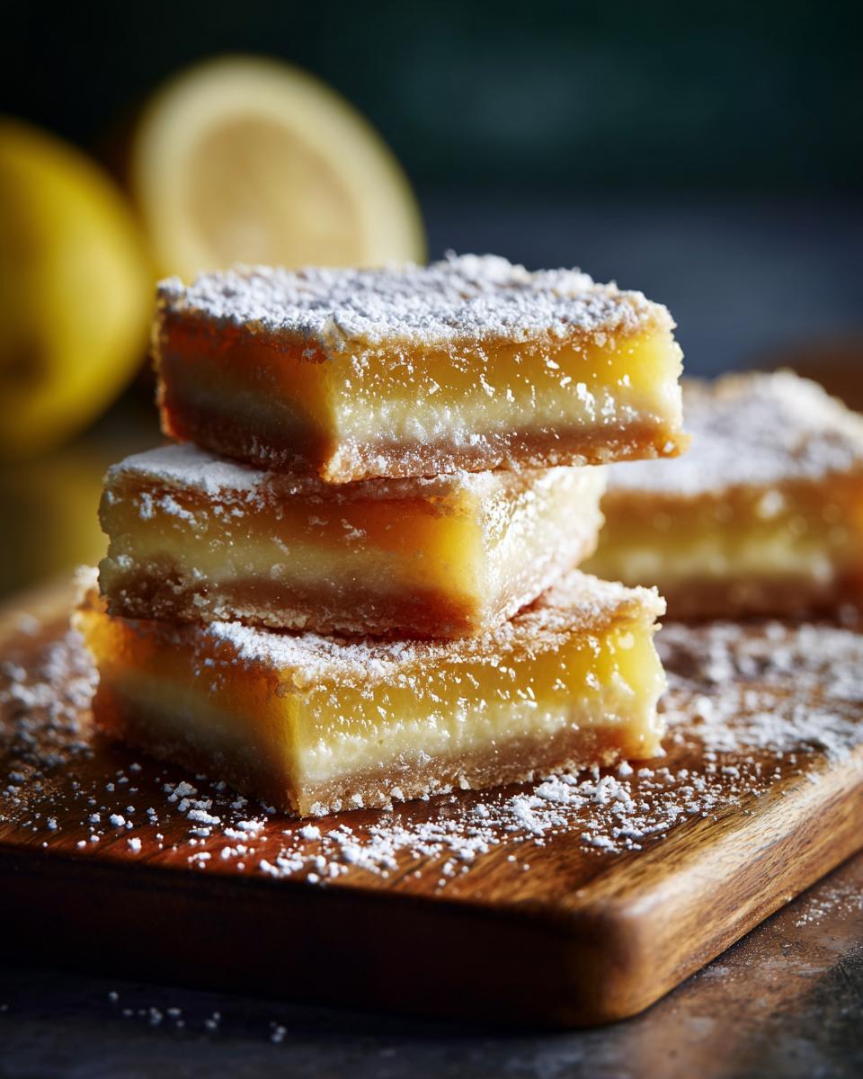 A stack of three homemade Lemon Bars dusted with powdered sugar on a wooden board.