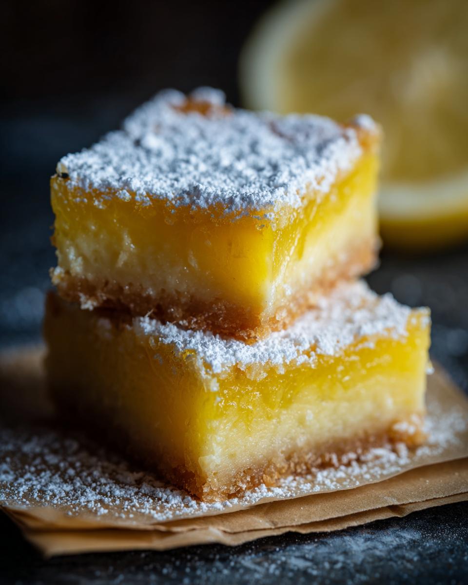 Two powdered sugar-dusted lemon bars stacked on parchment paper, showcasing their crust and filling.