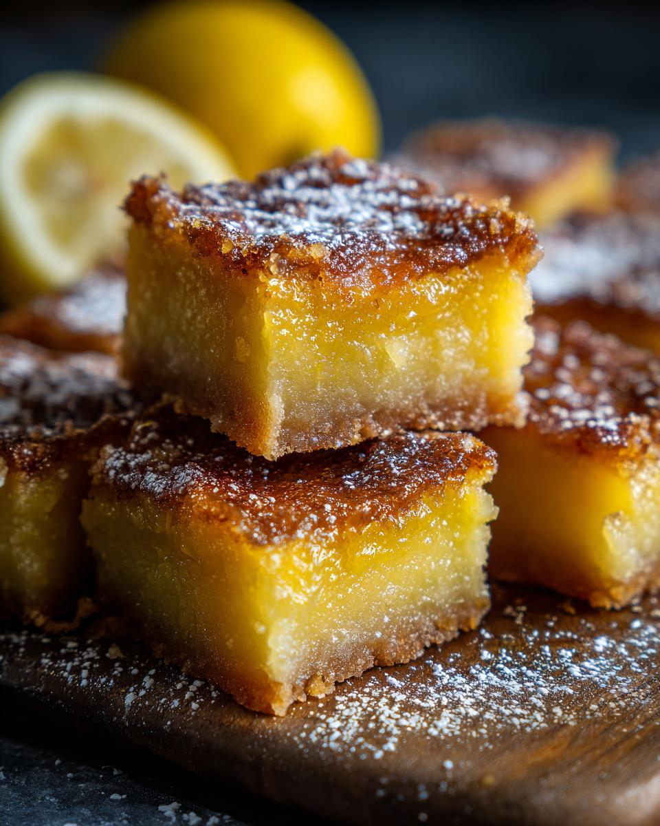 Close-up of stacked Lemon Bars dusted with powdered sugar on a wooden board, lemons in the background.