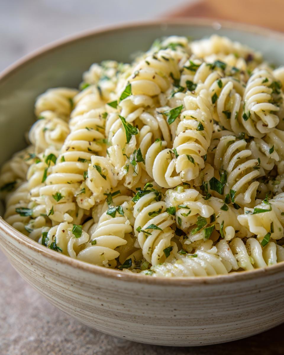 A bowl of Lemon Basil Pasta Salad featuring rotini pasta and fresh basil.