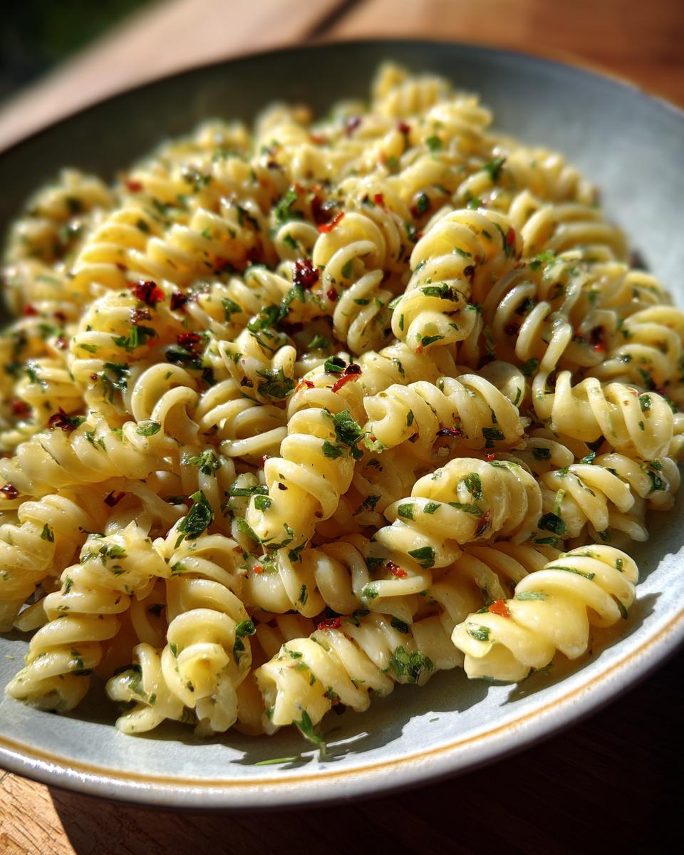 Close-up of Lemon Basil Pasta Salad featuring rotini pasta, fresh basil, and lemon zest.