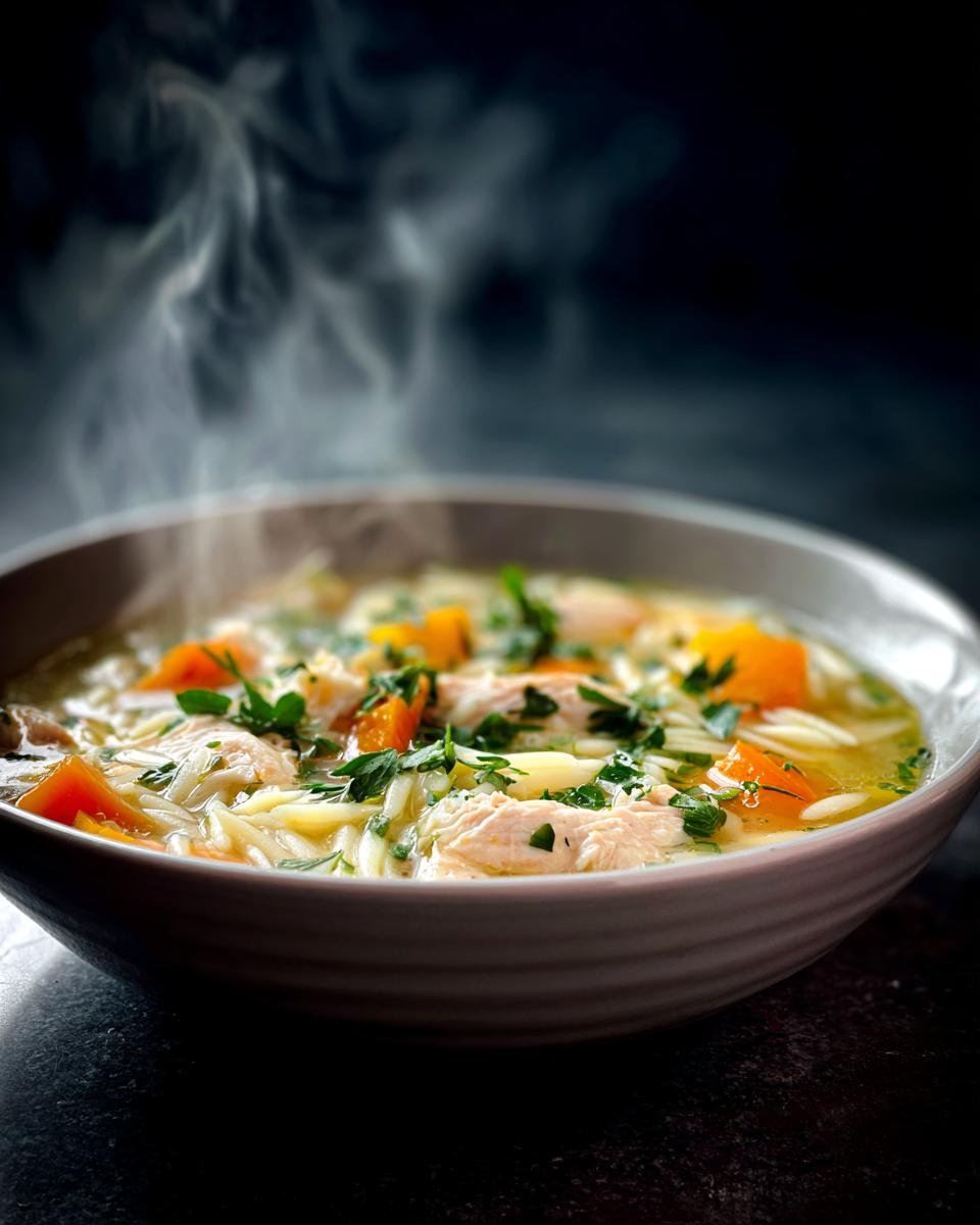 Steaming bowl of Bright & Cozy Lemon Chicken Orzo Soup, garnished with fresh parsley and visible chicken pieces.