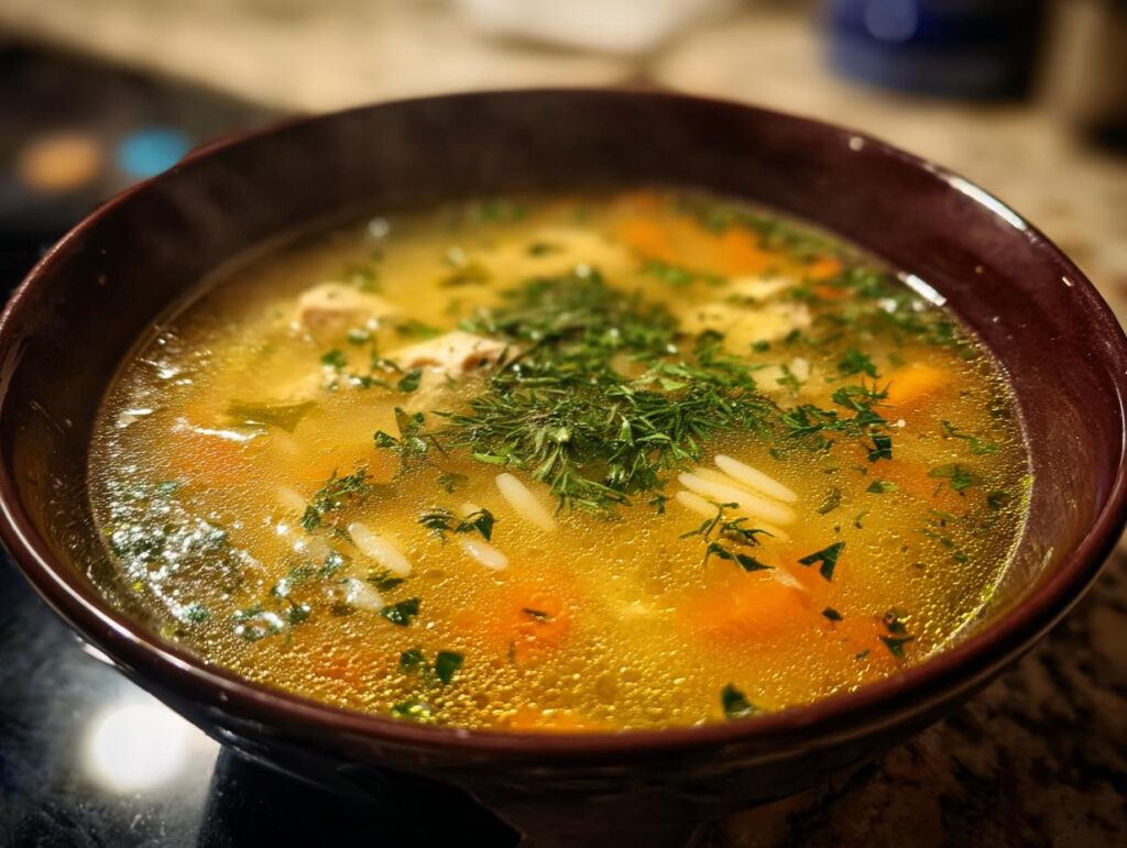 Bowl of Bright & Cozy Lemon Chicken Orzo Soup, garnished with fresh herbs, chicken, orzo pasta, and carrots.