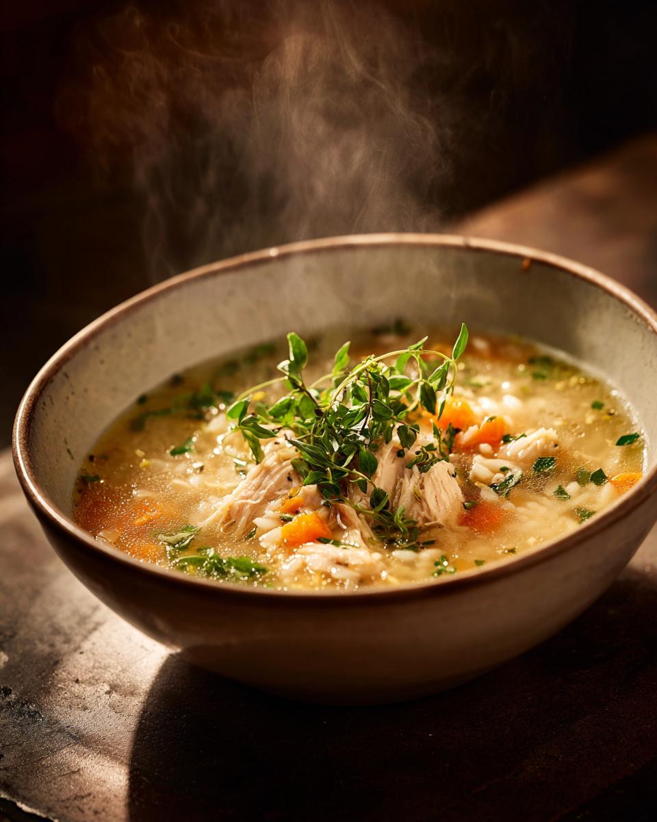A bowl of Bright & Cozy Lemon Chicken Orzo Soup, garnished with fresh herbs and steaming hot.