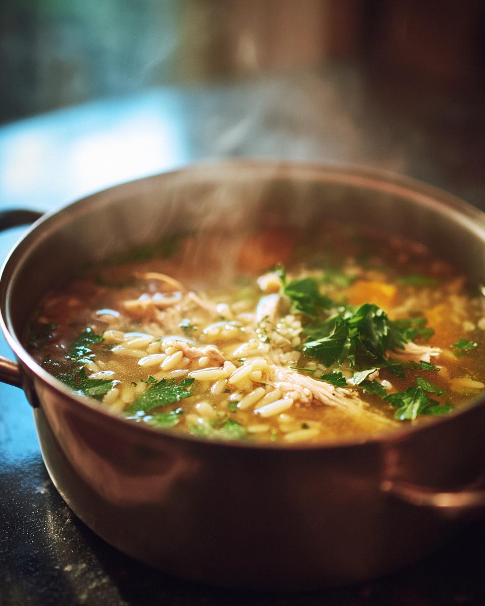 Steaming pot of Bright & Cozy Lemon Chicken Orzo Soup, garnished with fresh parsley.