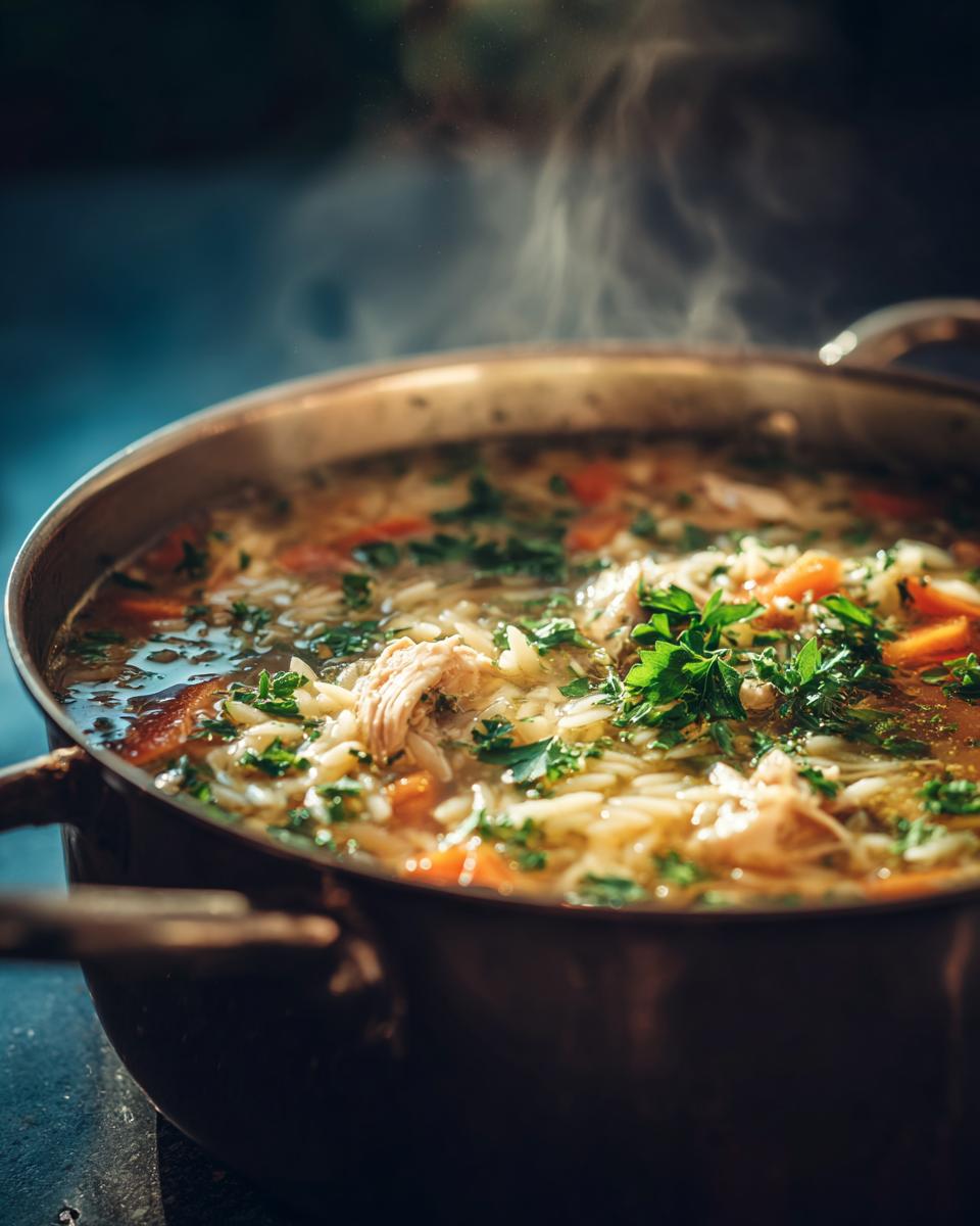 Steaming pot of Bright & Cozy Lemon Chicken Orzo Soup, garnished with fresh parsley and carrots.