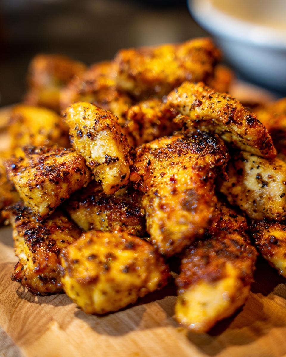 Close-up of a pile of golden-brown Lemon Pepper Chicken bites on a wooden board.