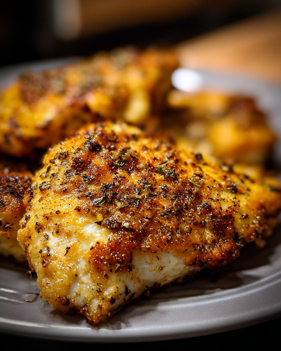 Close-up of Lemon Pepper Chicken breast with crispy, seasoned crust on a plate.