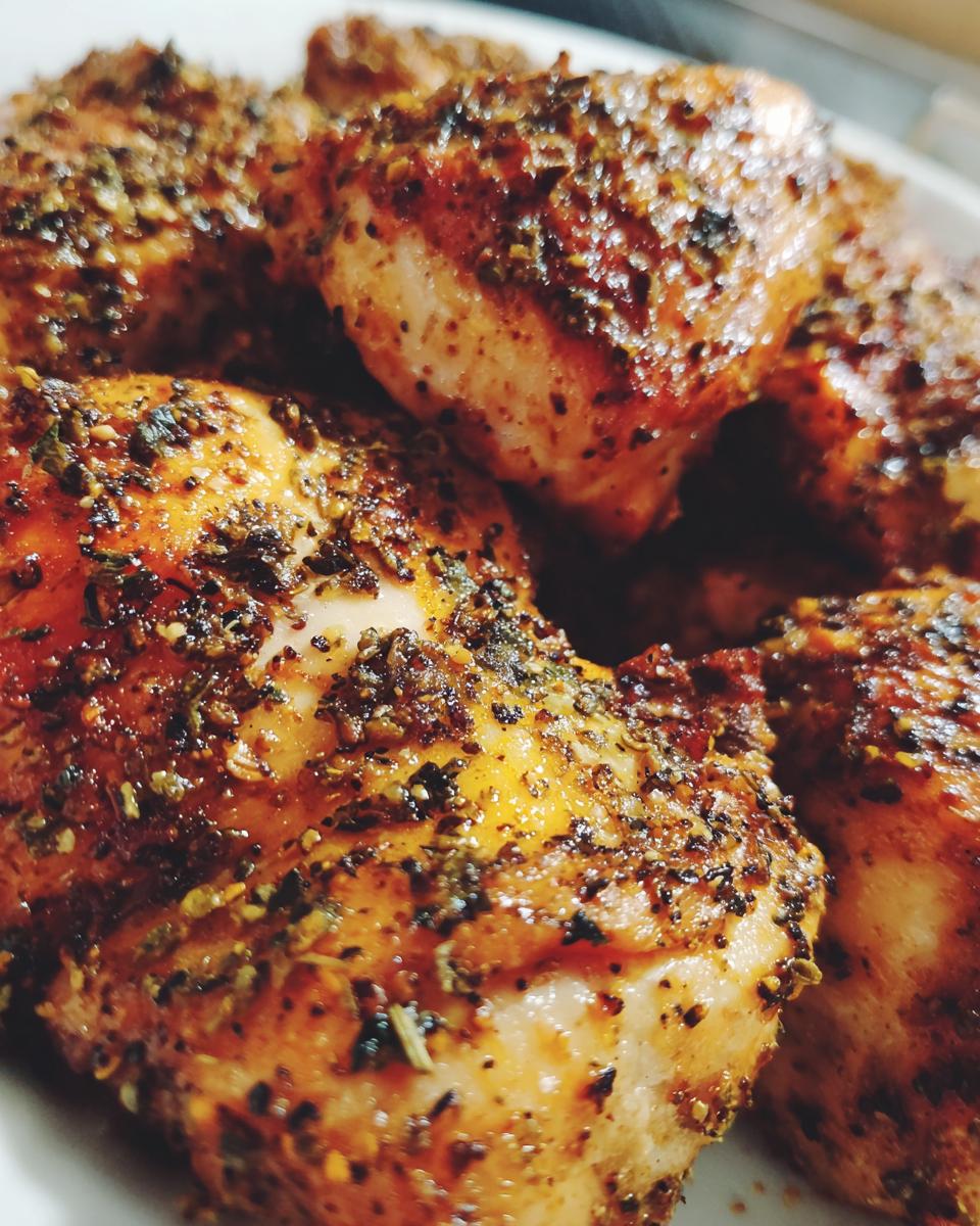 Close-up of juicy Lemon Pepper Chicken pieces seasoned with herbs and spices, ready to eat.