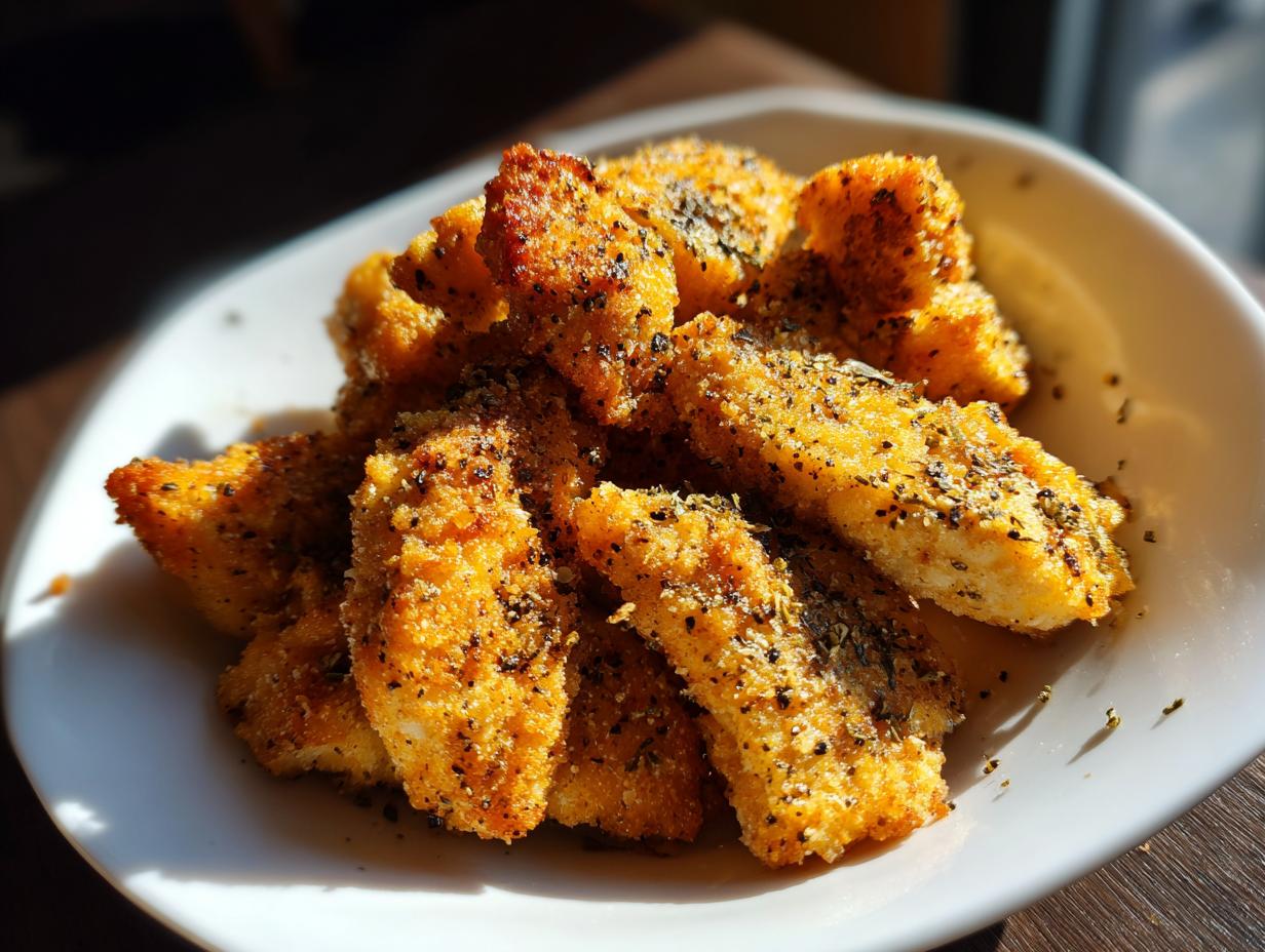 Close-up of Lemon Pepper Chicken pieces on a white plate, showing the golden-brown crust and pepper seasoning.