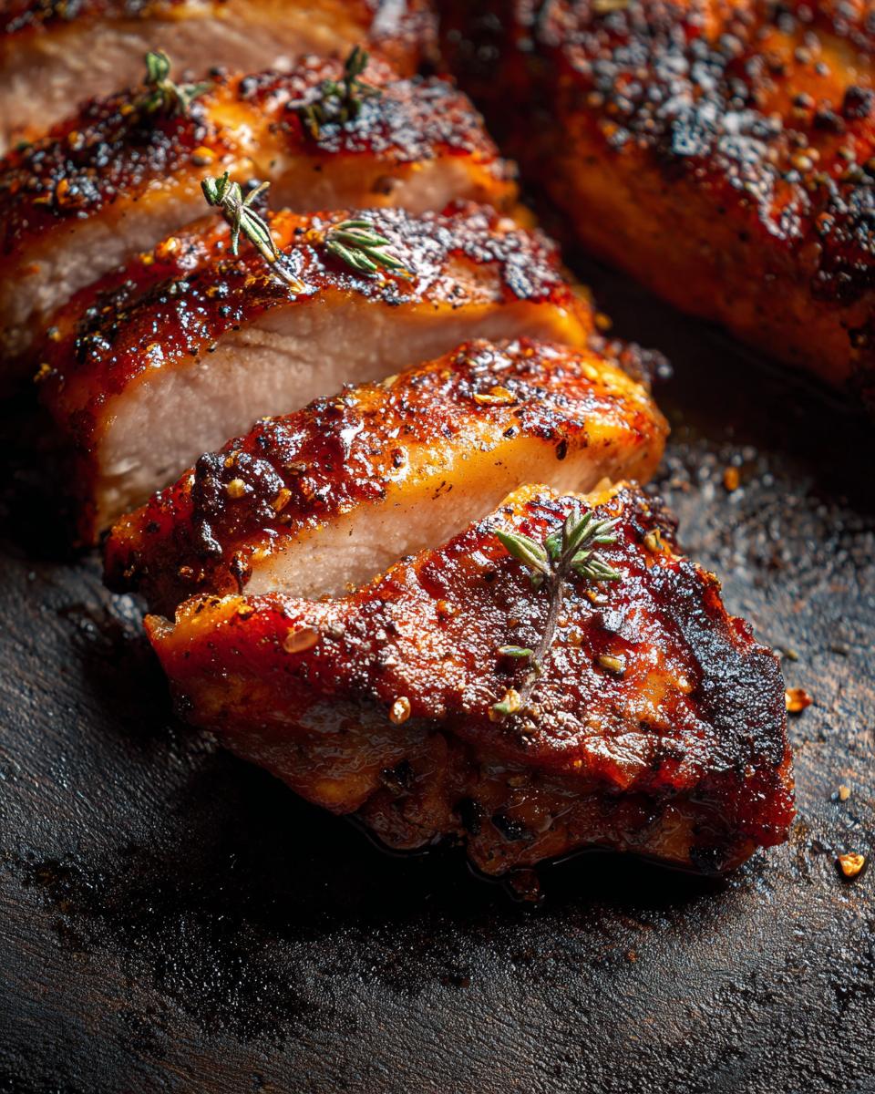 Close-up of sliced Lemon Pepper Chicken garnished with fresh herbs on a dark surface.