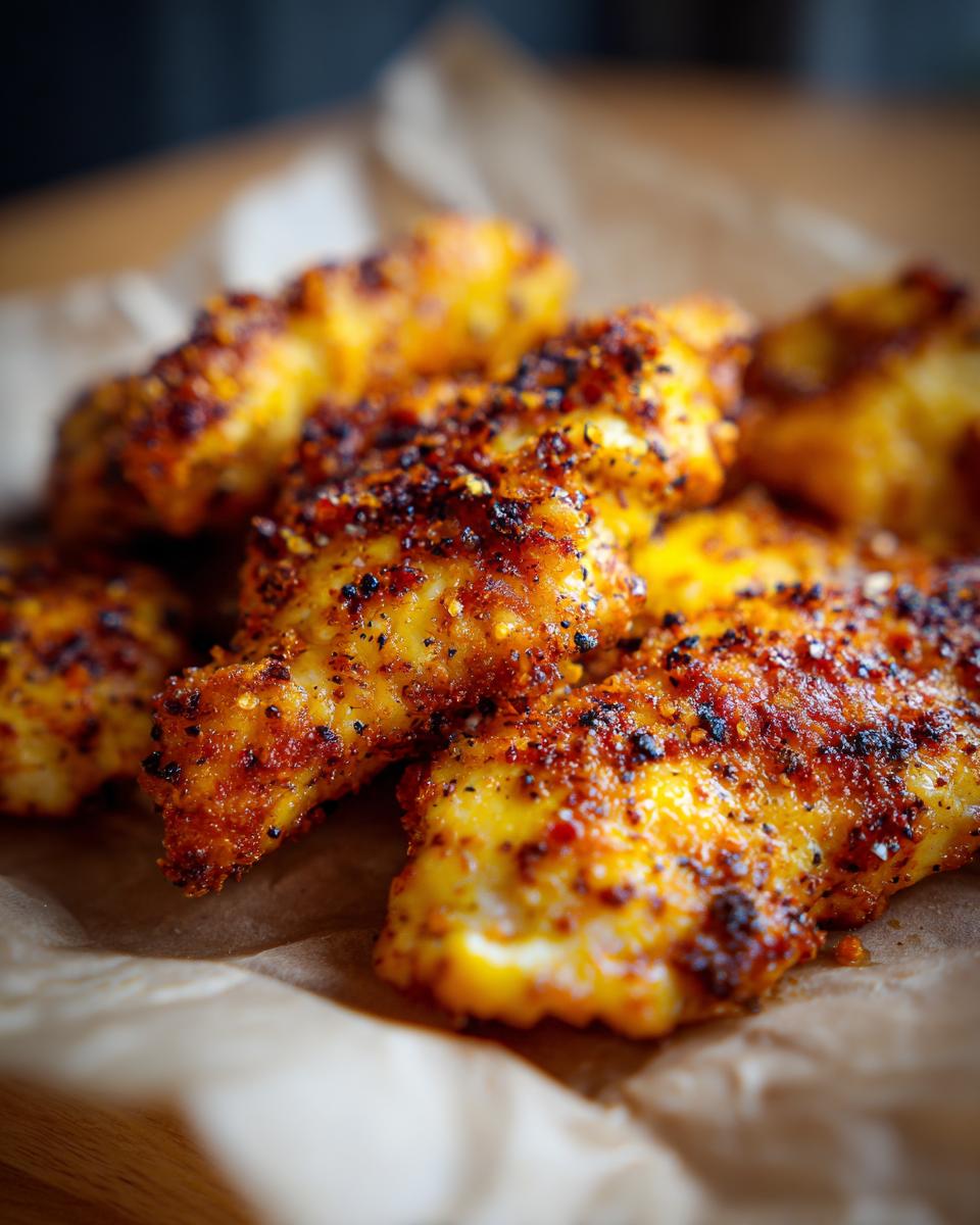 Close-up of crispy Lemon Pepper Chicken tenders on parchment paper, seasoned with lemon pepper.