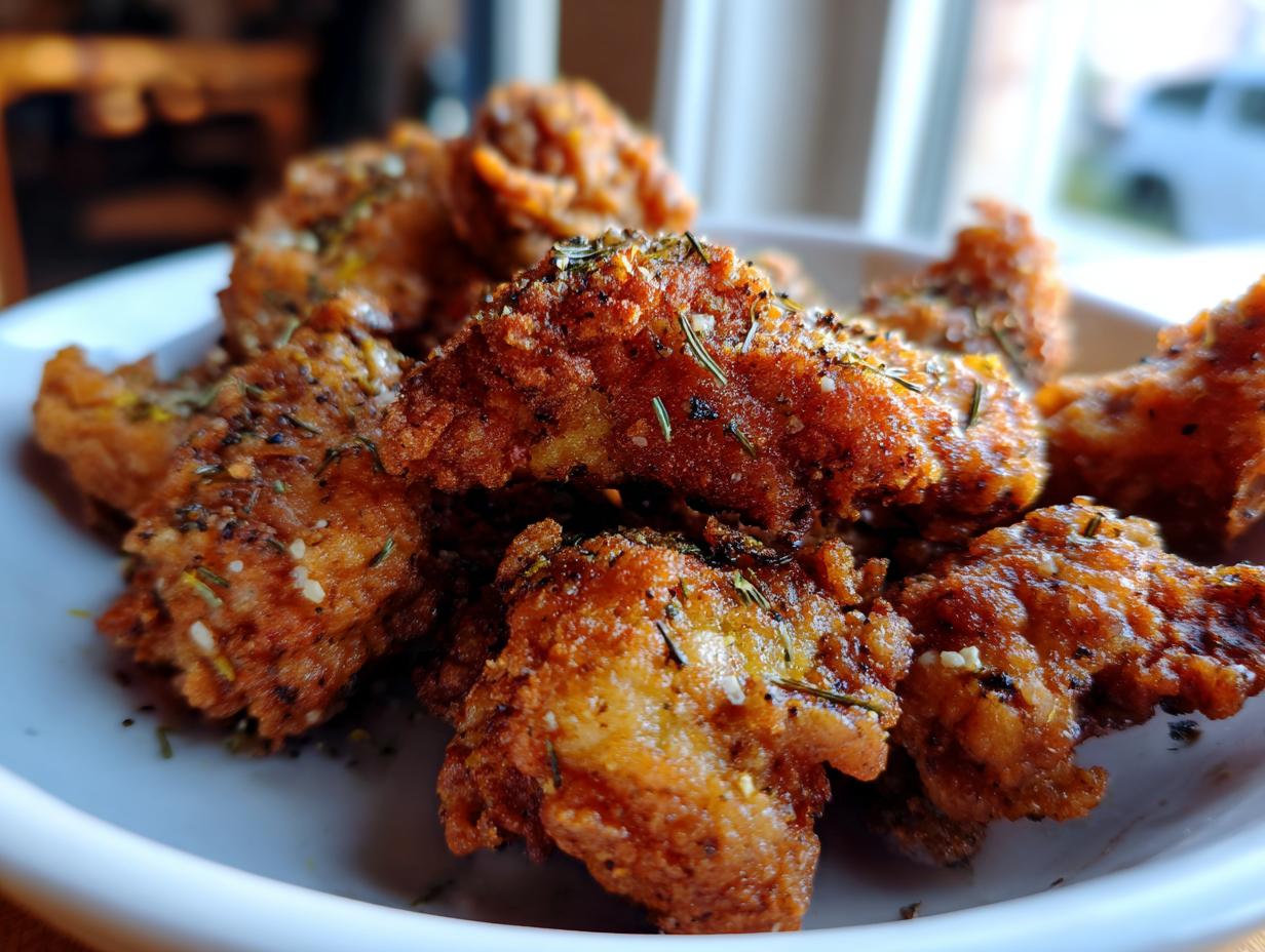 A plate of golden, crispy Lemon Pepper Chicken wings, seasoned with herbs and spices.